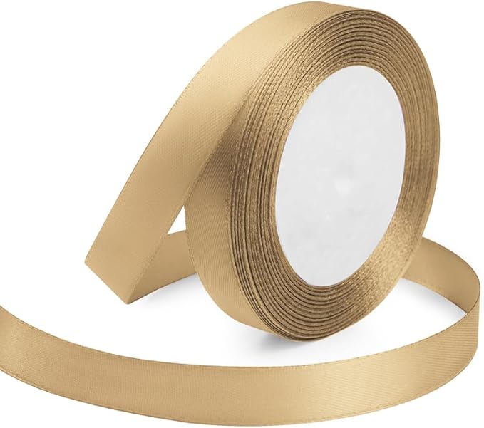 Champagne Gold Ribbon 5/8 Inches x 25 Yards, Gold Satin Fabric Silk Ribbon for Gift Wrapping, Bows Making, Floral Bouquets, Wreaths, DIY Handicrafts, Sewing Projects, Baby Shower and Wedding Party