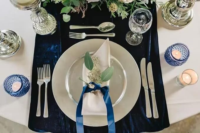 Velvet Table Runner, 10ft Luxurious Wedding Reception Decorations Soft Velvet Fabric Table Linen Overlay for Party (20 x 120 inch, Navy)