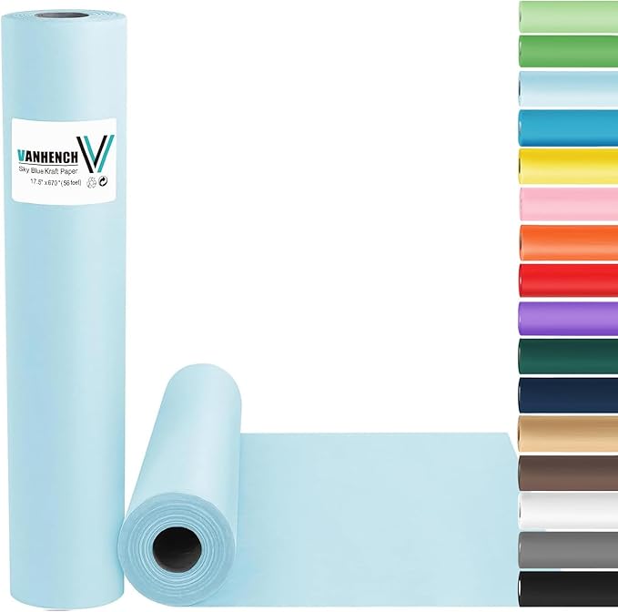 Vanhench 17.5"×963" (80 1/4FT) Blue Wrapping Paper, Sky Blue Kraft Paper Roll for Wedding/Fathers Day/Birthday/Baby Shower/Bouquet Flower Wrapping, Solid Color Blue Bulletin Board Paper