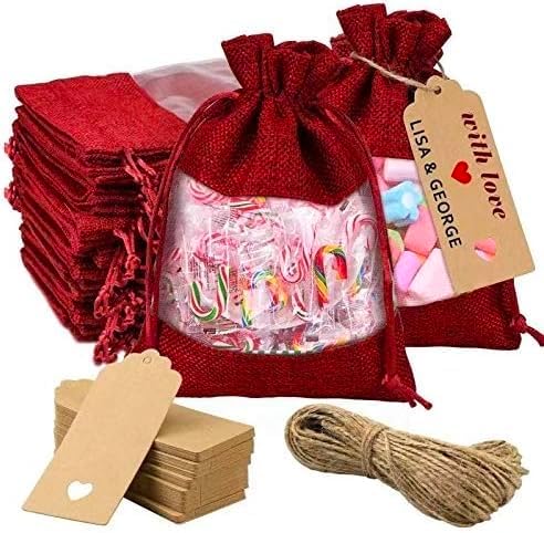 Gift Bags, 50 Pack Red Linen Sheer Organza, 4x6 Inch with Drawstring