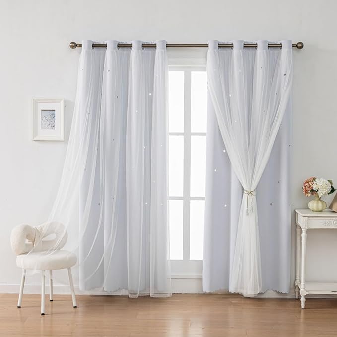 Ombre Rainbow Blackout Curtains for Kid Girls Bedroom Living Room Darking Stripe Double Layer Star Cut Out Wall Home Decor Gradient Grommet Window Curtains (Greywish White 72)
