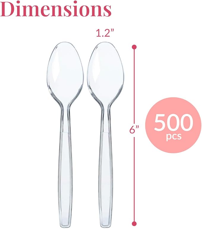 Disposable Plastic Spoons, 500 Count, 6 Inch Clear