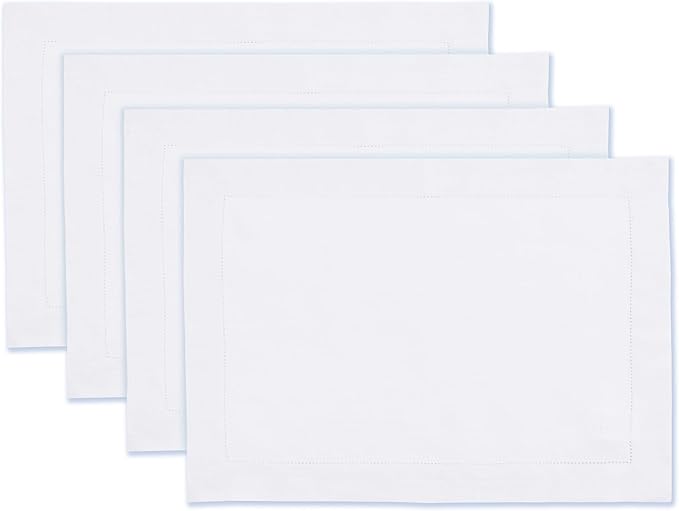 100% Pure Linen White Placemats 14 x 19 Inch - Hemstitch Christmas Placemats Set of 4 - Cloth Fabric Placemats for Thanksgiving, Winter, New Year - Elara