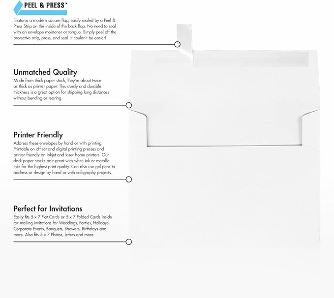 LUXPaper A7 Invitation Envelopes | Peel & Press | 5 1/4" x 7 1/4" | Brilliant White | 80lb. Text | 100% Cotton | 500 Qty