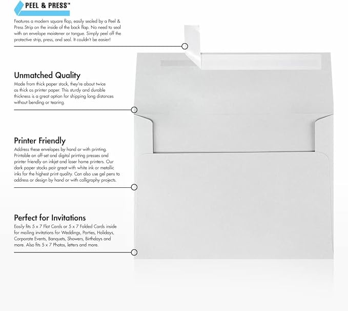 LUXPaper A7 Invitation Envelopes | Peel & Press | 5 1/4" x 7 1/4" | Gray | 80lb. Text | 100% Cotton | 250 Qty