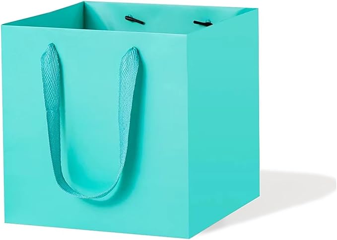 Teal Blue Paper Gift Bag Small Square Bottom Kraft Paper Bags with Handles for Wedding Baby Shower Birthday Party (Teal Blue, 8 x 8 x 8 in, 10 CT)