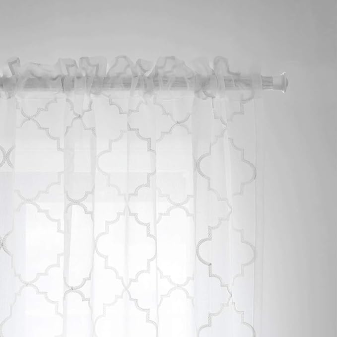 Sheer Curtains White 63 Inches,Embroidered Moroccan Tile Lattice Design Rod Pocket Voile Drapes for Living room, Bedroom, Window Treatment Crinkle Curtain Panels for Villa, Parlor, Set of 2, 52"x 63".