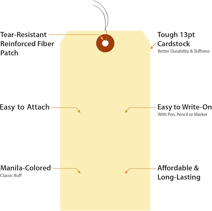 SmartSign Blank Manila Shipping Tags with Pre-Strung Wire, Size-8, Pack of 1000, 13pt Thick Cardstock Tags, 6 1/4" x 3 1/8" Paper Hang Tags with Reinforced Fiber Patch