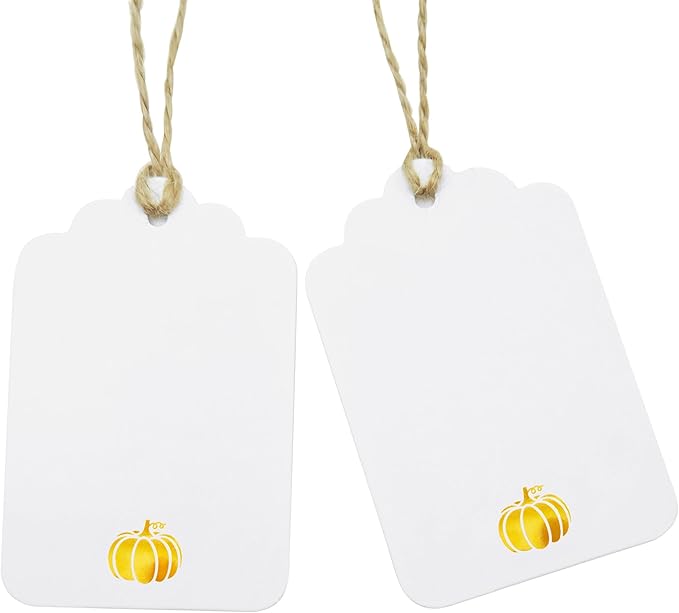 100 Pcs Blank Gift Tags with String Gold Foil Pumpkin Large White Paper Gift Tags with 65 Ft Jute Twine Cute Tags for Halloween Autumn Fall Harvest Thanksgiving Gift Wrap Tags