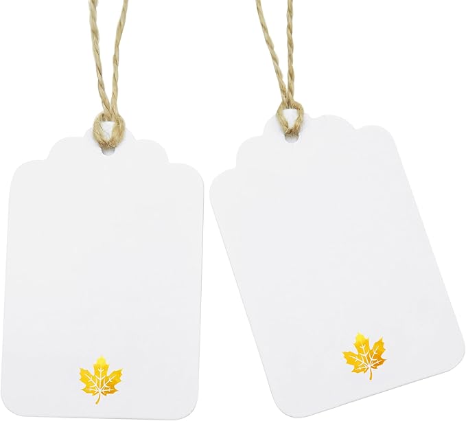100 Pcs Blank Gift Tags with String Gold Foil Maple Leaf Fall Large Gift Tags with 65 Ft Jute Twine White Paper Cute Tags for Fall Autumn Thanksgiving Harvest Party Gift Wrap Tags