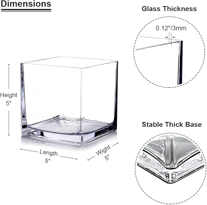 EnovaFloral Cube Glass Vase, 5x5 Inch Square Glass Vase - Floating Candle Holder for Wedding Centerpieces and Home Office Decor