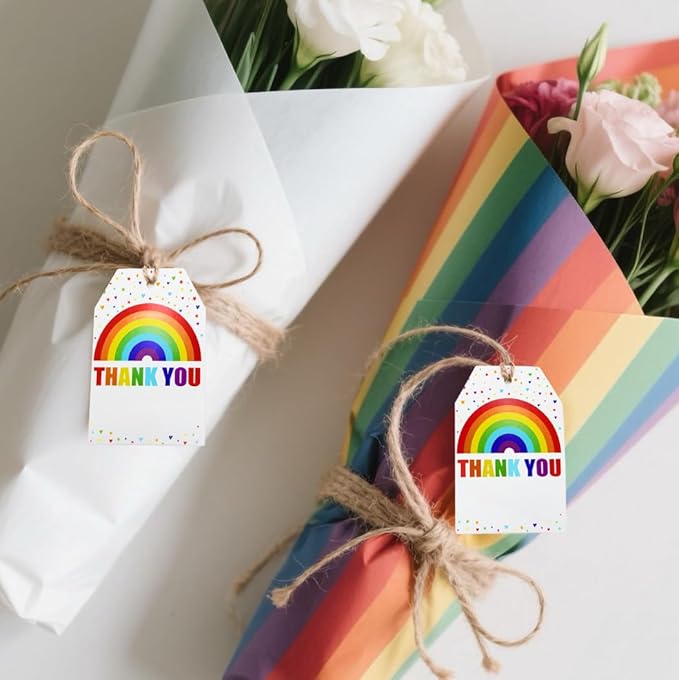 100Pcs Rainbow Heart Gift Tags with String Large Thank You Gift Tags Presents with 65 FT Jute Twine Personalized Tags for Wedding Baby Shower Birthdays Party Gift Wrap Tags