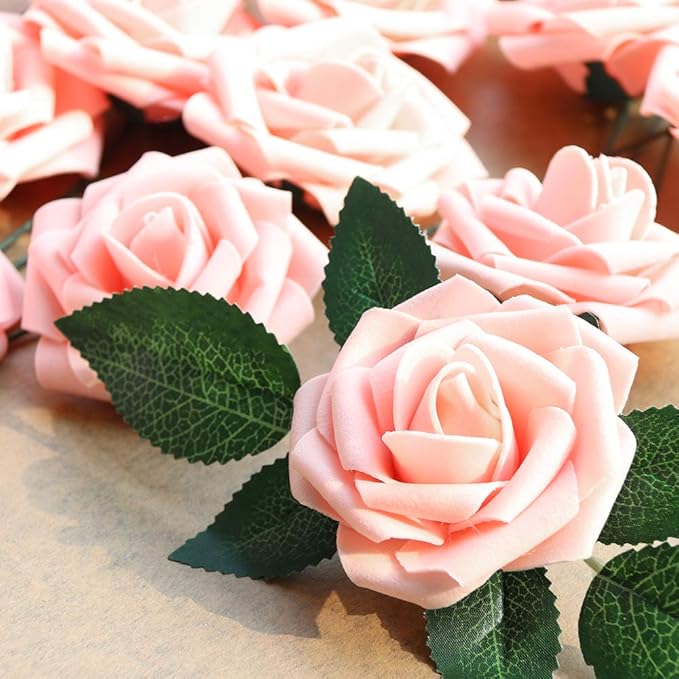 Artificial Flowers, 50 Pink Foam Roses with Wire Stems, 3-Inch Heads