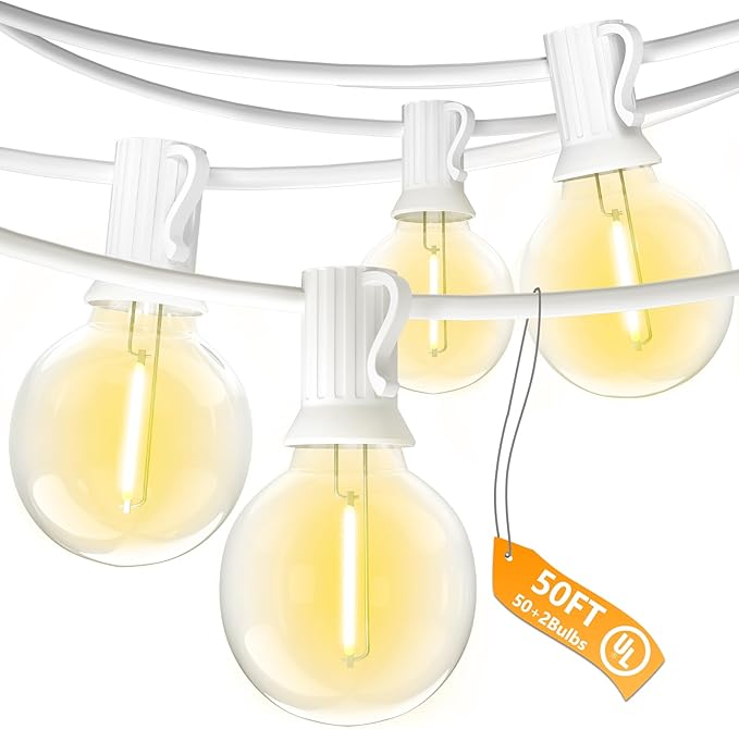 String Lights with 50 Warm White G40 LED Bulbs, Dimmable Outdoor