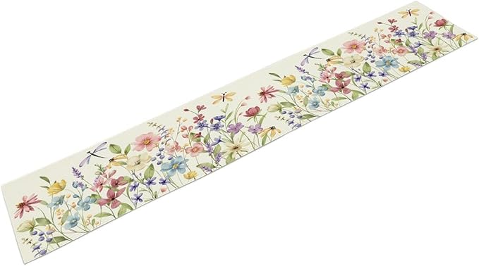 Watercolor Floral Table Runner, Colorful Spring Summer Nature Flower Dragonfly Pattern Print Table Runner for Kitchen Dinning Table Runner Decor Home Wedding Party Holiday, 13x120 Inch