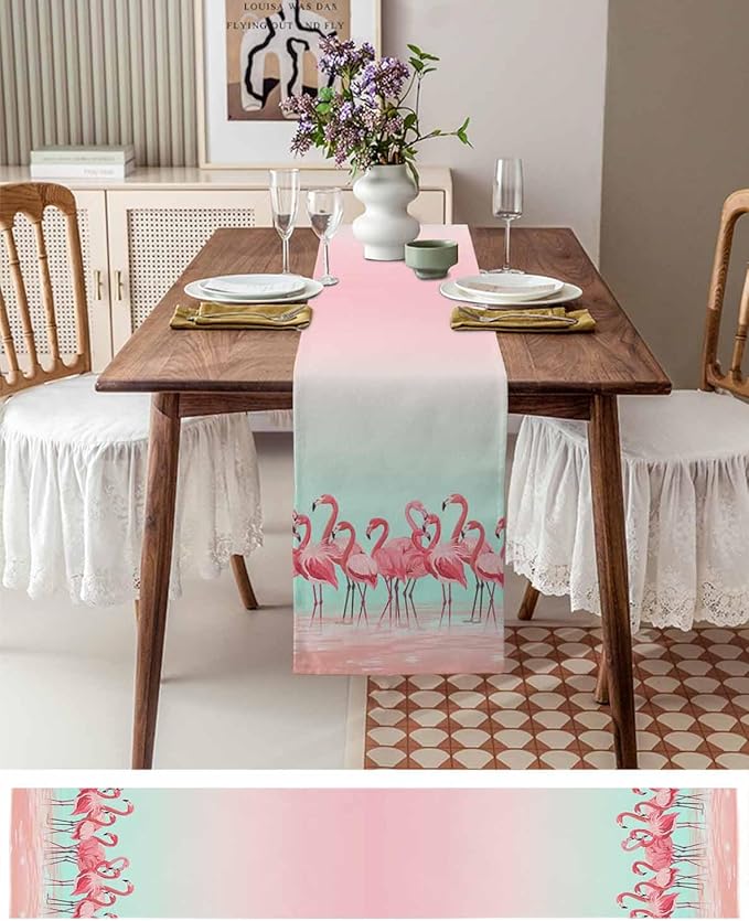 Tropical Flamingo Cotton Linen Table Runner for Dining Kitchen, Wedding Outdoor Party Tablerunners Decoration, Pink Bird Coastal Nautical Animal Dresser Scarf Coffee Tablecloth Runners 13x120 Inches