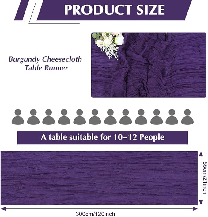 Purple Cheesecloth Table Runner -21*120Inch Long Boho Wedding Table Decor, Rustic Gauze Fabric Runner for Bridal Showers, Baby Showers & Parties (Sheer, Lightweight, Wrinkled Design)