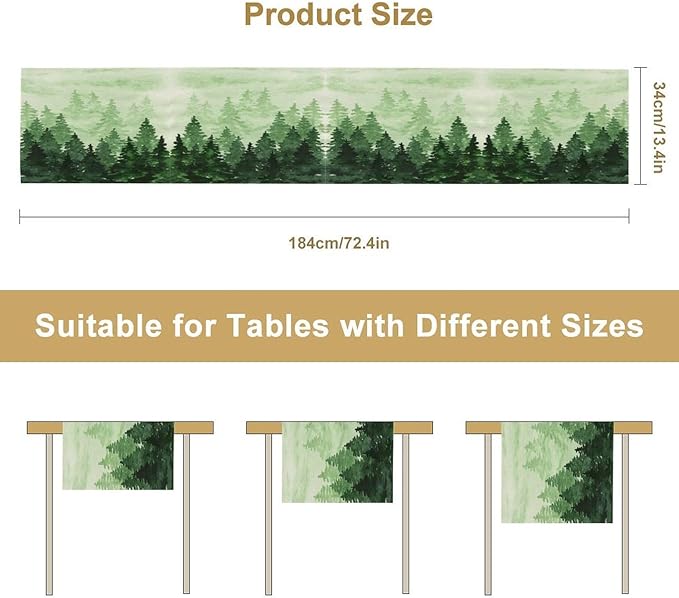 Foggy Forest Table Runner,Watercolor Wreen Misty Forest Landscape Table Runner for Kitchen Dining Table Home Party Decoration 13x72 Inch