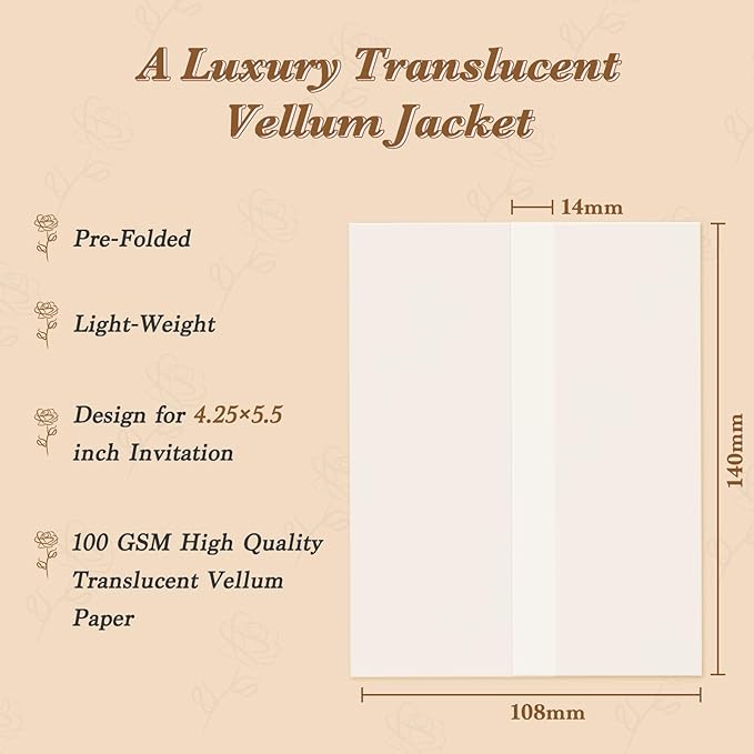 120 Pack Pre-Folded Vellum Jackets for 4.25x5.5 Invitations, Translucent Vellum Paper 4.25x5.5 Jackets, 100GSM Wedding Invitations Wraps, Envelope Liners for Birthdays, Baby Showers