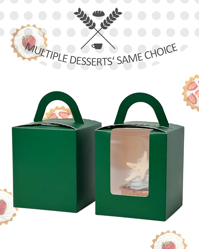 Cupcake Carriers in Deep Green, 50 Pack with Inserts, Disposable Cardboard