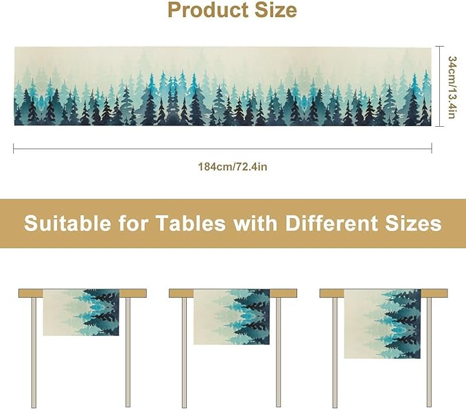 Misty Forest Table Runner,Foggy Blue Forest Landscape Table Runner for Kitchen Dining Table Home Party Decoration 13x72 Inch