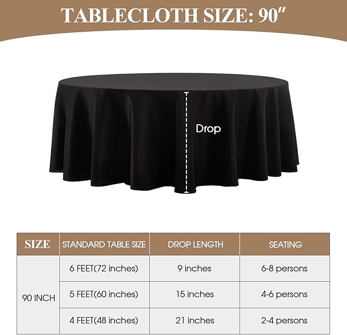 Round Black Polyester Tablecloths, Washable, 90 to 132 Inch Sizes