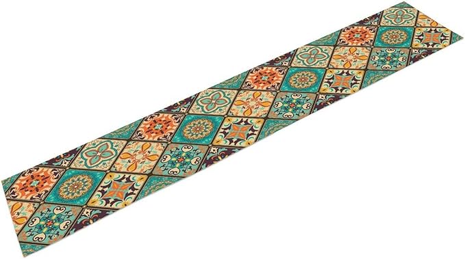 Bohemian Patchwork Table Runnerboho Colorful Tile Patchwork Indian Floral Print Table Runner for Home Kitchen Indoor Outdoor Party Wedding Decor, 13x70inch