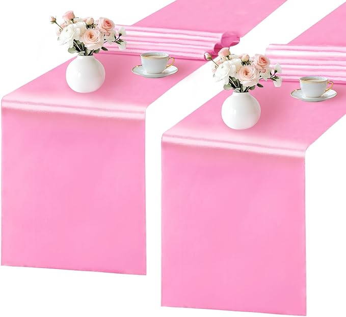 SHEJIZE 2 Pack Pink Satin Table Runner 12x108 Inches Long, Bright Silky Smooth Satin Table Runner Table Decor for Wedding Banquet Christmas Prom Event Birthday Party