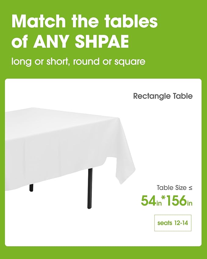 Pureegg Plastic Table Cloth Disposable 10 Pack, 54 x 156 Inch Table Cloths, Party, Picnic, Wedding, Decorative Tablecloths, Rectangle, White Plastic Cover, Leakproof & Sturdy, White