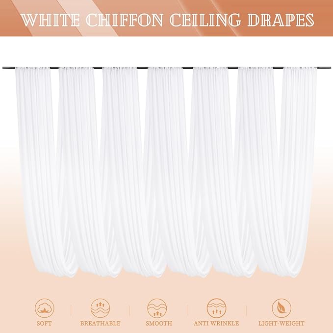 6 Panels White Ceiling Drapes for Wedding 5ftx10ft Sheer Drapery Chiffon Fabric Arch Draping Curtains for Party Ceremony Birthday Baby Shower Reception Stage Ceiling Decorations