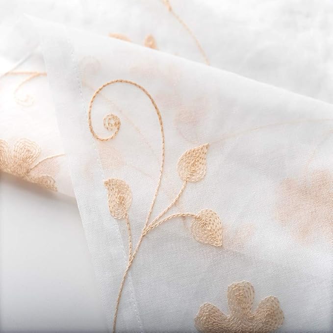 Sheer Curtains Gold 45 Inch Length,Floral Embroidered Rod Pocket Voile Drapes for Living room, Bedroom, Window Treatments Semi Curtain Panels for Yard, Patio, Villa, Parlor, Set of 2, 52"x 45".