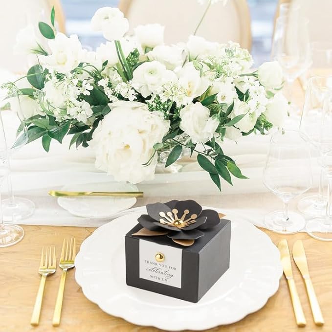 Gift Boxes, 20 Black Candy Boxes with White Floral Decor and Tags