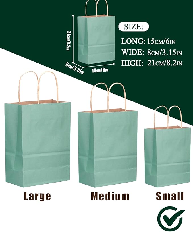 qiqee 50-Packs Gift Bag with Handles Bulk Kraft Light Blue Paper Bags Multiple Uses (8.3"x3"x6"inch Small Size)