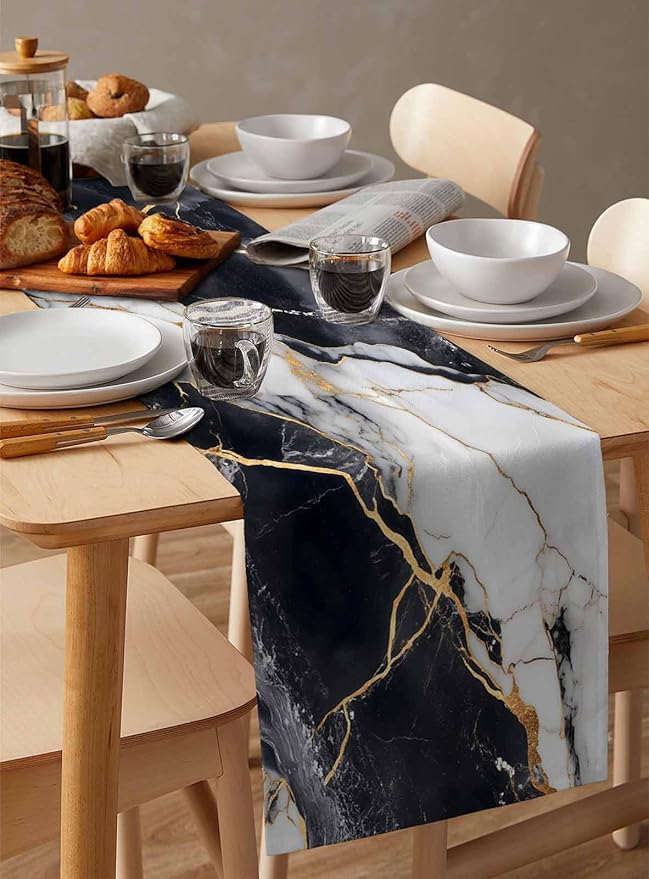 Black White Marble Cotton Linen Table Runner for Dining Kitchen, Wedding Outdoor Party Tablerunners Decoration, Nature Marble Crack Modern Art Dresser Scarf Coffee Tablecloth Runners 13x72 Inches
