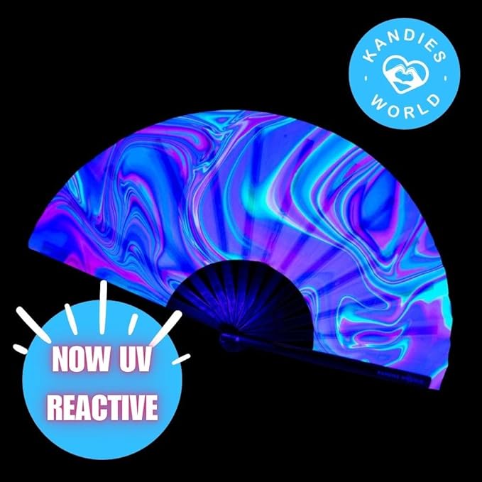 Kandies World UV Reactive Custom Festival Folding Hand Fan - Unique Designs, Made of Bamboo, Clacking Sound, Lightweight - Perfect Rave and Festival Accessory!