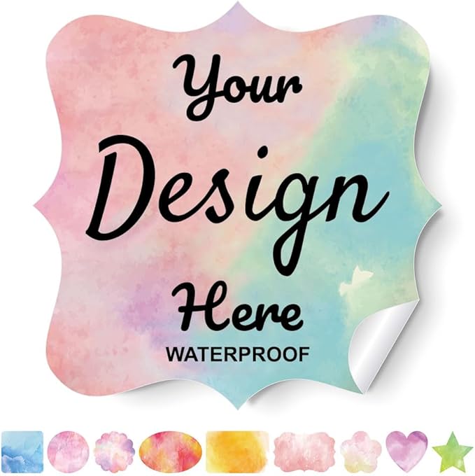 Custom Stickers - Personalized Labels with Fancy Frame, Multicolor Watercolor Design, 100 Labels (Vinyl, Waterproof, Reusable, Outdoor)