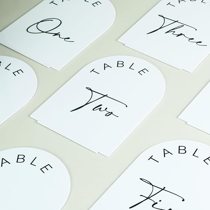 JINMURY White Arch Wedding Table Numbers 1-10 with Stands, 5x7 Inch Acrylic Arch Sign with Black Lettering, White Acrylic Table Numbers for Wedding Reception