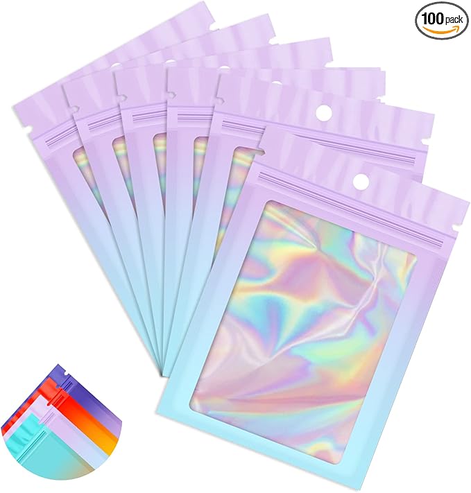 Funfery 100 Pack Gradient Holographic Bags,Mylar Resealable Bag with Zipper,Clear Window Packaging Pouch,Smell Proof Bags for Food Storage,Sample Jewelry Baggies(5.5x7.9In,Purple Blue)