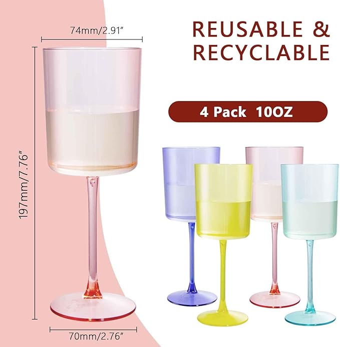 Ciaell 4 Pack Plastic Wine Glasses - 10 Oz Plastic Wine Glasses with Stem - Disposable Wine Glasses Perfect for Parties & Weddings & Poolside & Outdoors & Camping(Pink Green Purple Yellow)