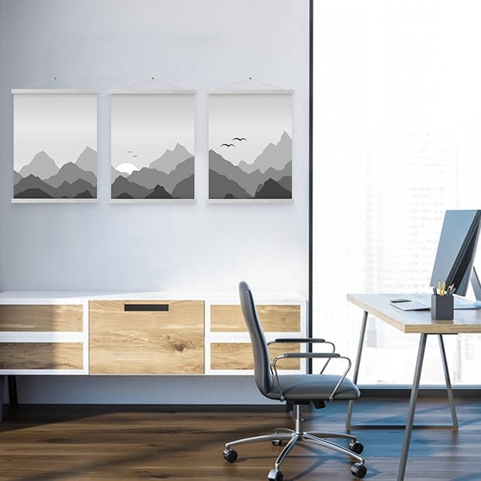 Magnetic Poster Hanger, 9x12 9x14 9x17 Poster Frame Wood Wooden Magnet Print Posters Dowel Scroll Hanger Hangers Hanging Kit for Walls Map Canvas Artwork (Grey, 9")