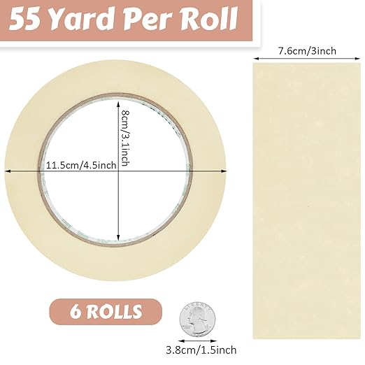 Masking Tape Bulk General Purpose Masking Painting Tape 55 Yards for Painting Home Office School Stationery Arts Crafts Basic Use, Easy Removal(6 Rolls,3 Inch)