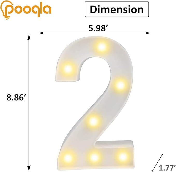 Pooqla Decorative Led Light Up Number Letters, White Plastic Marquee Number Lights Sign Party Wedding Decor Battery Operated Number (2)