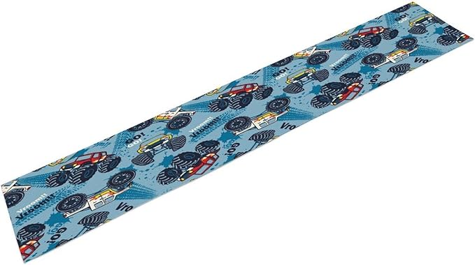 Monster Truck Table Runner,for Kids Boys Cool Colorful Cartoon Blue Cars Pattern Print Tablecloth Burlap for Hotel Indoors Outdoor Dining Room Kitchen Home Decor,W13X L90 in