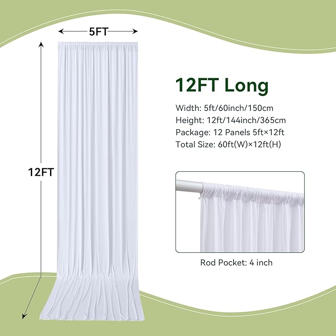 60 x 12ft Wrinkle Free White Backdrop Curtain for Wedding Parties, 12 Panels 5×12ft Long Soft Silky Polyester Photo Backdrop Drapes for Birthday Baby Shower Graduation Photography Background Cloth