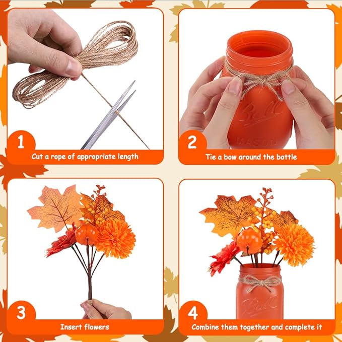 DIYDEC 3PCS Fall Mason Jars 3 * 5Inch Lighting Painted Thanksgiving Tiered Tray Decorative Jars with Wood Tray &Artificial Flowers Wishing Bottles for Autumn Holiday Home Table Centerpiece Decor Gift