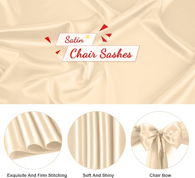 Chair Sashes, 100 Pack Champagne Satin Ties for Wedding Decor