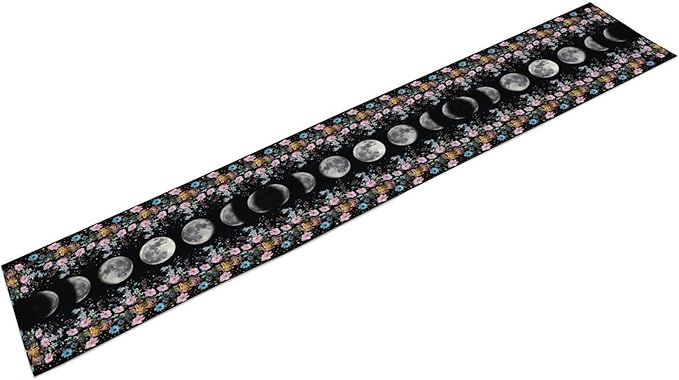 Boho Floral Moon Table Runner, Spring Flower Leaves Mystical Gothic Sun Moon Table Runner for Kitchen Dining Table Home Party,13x36 Inch Purple