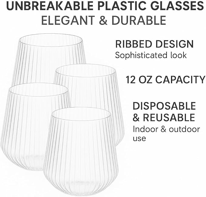 Wine Glasses, 18 Pack Clear Stemless Ripple Plastic, 12 Oz