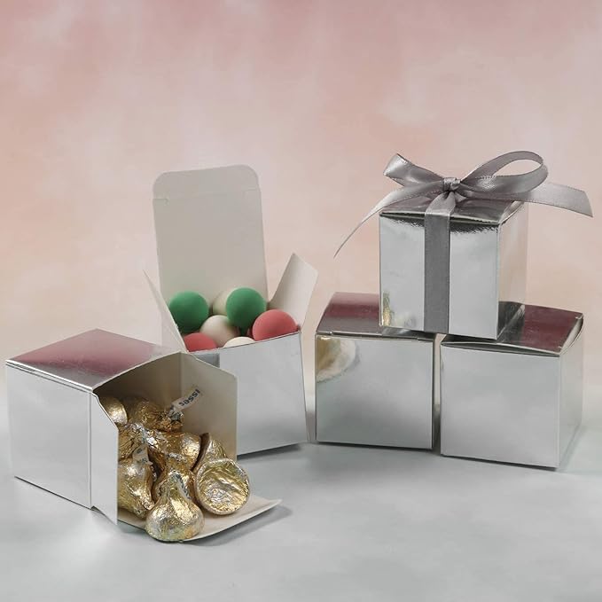 COTOPHER 25pcs Wedding Favor Boxes, Paper Gift Boxes 3x3x3 Inches Small Gift Boxes with Ribbons Small Boxes for Gifts, Crafting, Cupcake, Candy, Bridesmaid Proposal Boxes