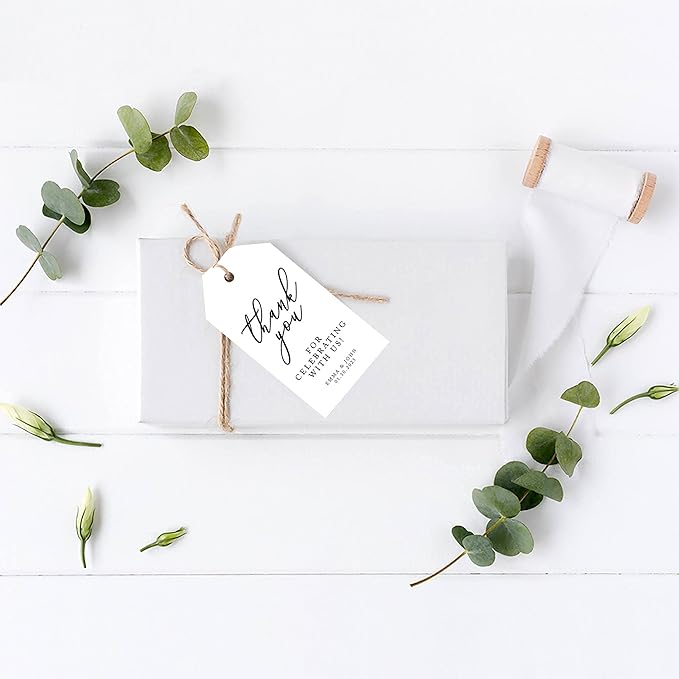 Andaz Press 100-Pack Personalized Thank You for Celebrating with Us Wedding Favor Tags with String, Minimal Modern Custom Tags for Wedding Favors 2” X 3.75” Thank You Tags with String Custom Favors